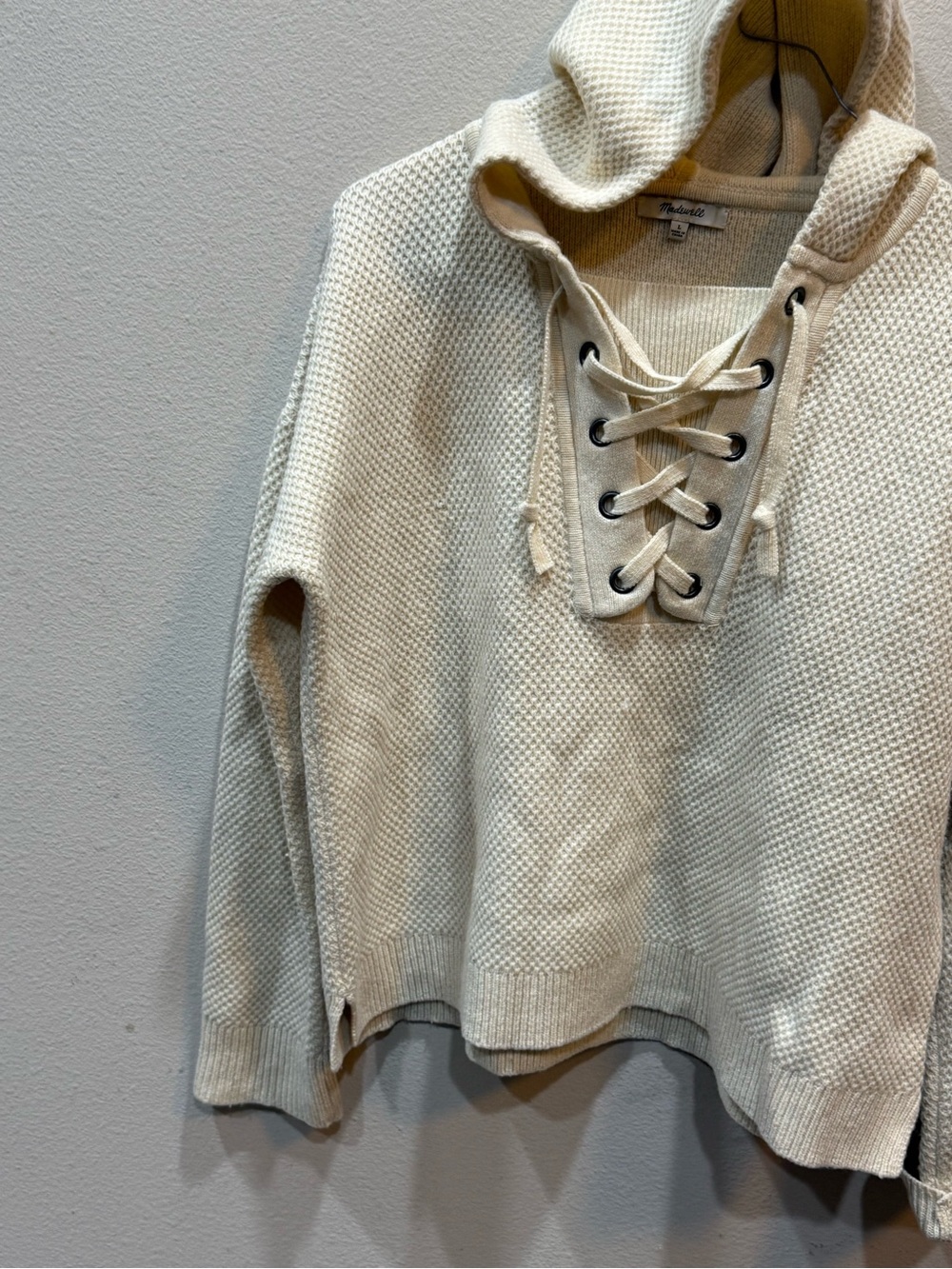 Madewell Jameson 100% Merino Wool Lace Up Waffle Knit Sweater Hoodie Cream - Picture 4 of 9